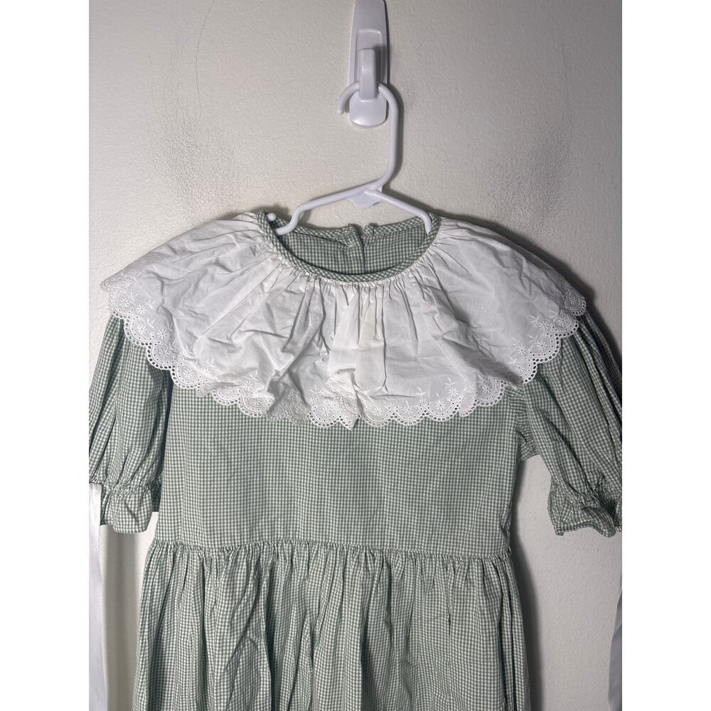Girls Vintage Green Check Puff SLeeve Dress with White bibb collar Sz 7 - Picture 2 of 3
